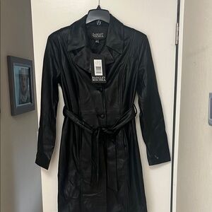 Badgley Mischka Black Leather Trench Coat